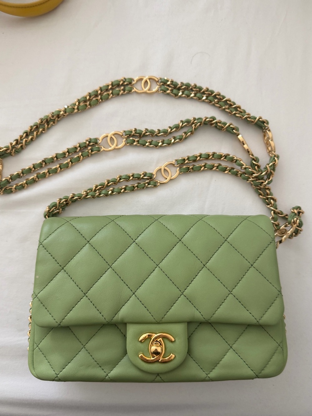 CHANEL Quilted Lambskin Mini Flap Bag in Light Green with Gold Hardware